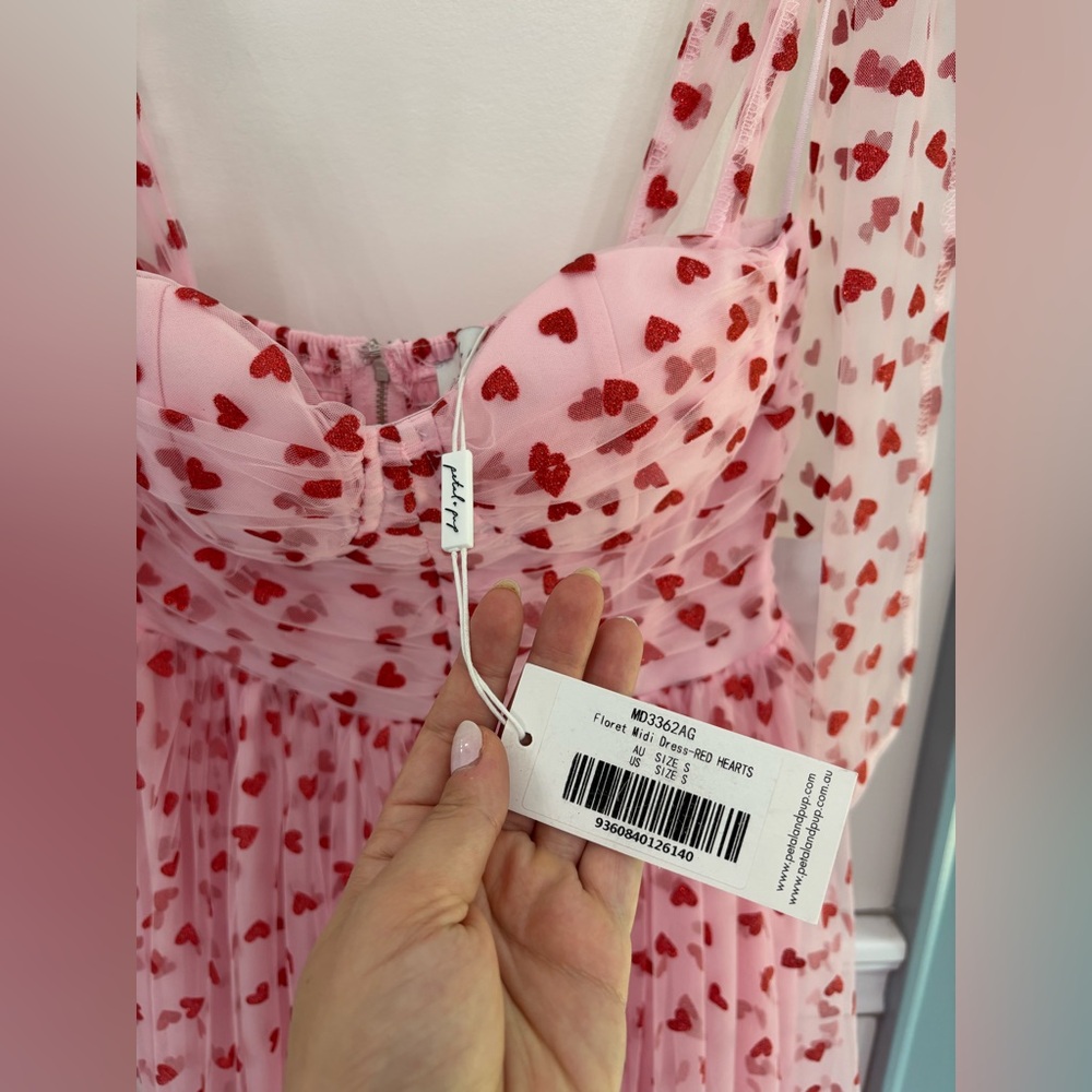 Petal & Pup Floret Pink Tulle Red Hearts Midi Dress Tie Straps NWT Valentines S - Picture 7 of 15